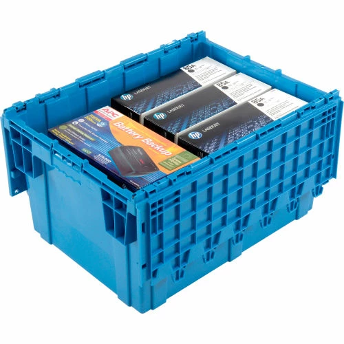 Global Industrial Plastic Shipping/Storage Tote W/Attached Lid, 28-1/8"x20-3/4"x15-5/8", Blue 3 Global Industrial Plastic Shipping/Storage Tote W/Attached Lid, 28-1/8"x20-3/4"x15-5/8", Blue - Image 3