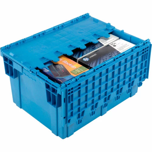 Global Industrial Plastic Shipping/Storage Tote W/Attached Lid, 28-1/8"x20-3/4"x15-5/8", Blue 4 Global Industrial Plastic Shipping/Storage Tote W/Attached Lid, 28-1/8"x20-3/4"x15-5/8", Blue - Image 4
