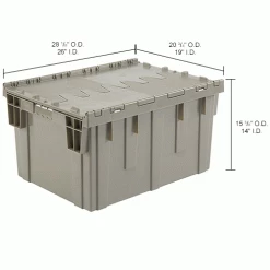 Global Industrial™ Plastic Shipping/Storage Tote W/Attached Lid, 28-1/8"x20-3/4"x15-5/8", Gray -Containers & Organizers Sales Store 238148IN dim