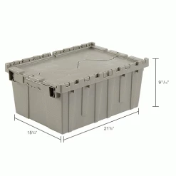 Global Industrial™ Plastic Attached Lid Shipping & Storage Container 21-7/8x15-1/4x9-11/16 GRY -Containers & Organizers Sales Store 257808IN dim