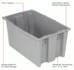 Global Industrial™ Stack and Nest Storage Container SNT200 No Lid 19-1/2 x 13-1/2 x 8, Gray - Pkg Qty 6 -Containers & Organizers Sales Store 274313GY 1wco