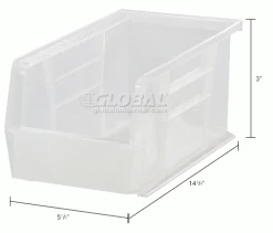 Global Industrial Plastic Stack & Hang Bin, 5-1/2"W x 14-3/4"D x 5"H, Clear - Pkg Qty 12 -Containers & Organizers Sales Store 30226192IN dim