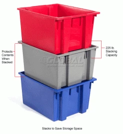 Global Industrial™ Stack and Nest Storage Container SNT225 No Lid 23-1/2 x 19-1/2 x 10, Gray - Pkg Qty 3 -Containers & Organizers Sales Store 752429 4wco