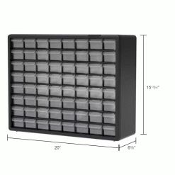 Akro-Mils Plastic Drawer Parts Cabinet 10164 - 20"W x 6-3/8"D x 15-13/16"H, Black, 64 Drawers -Containers & Organizers Sales Store B1603779IN dim