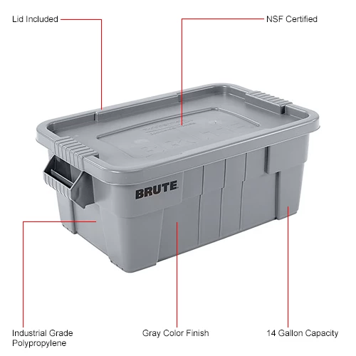 Rubbermaid 14 Gallon Brute Tote with Lid FG9S3000GRAY - 27-1/2 x 16-3/4 x 10-3/4 - Gray - Pkg Qty 6 9 Rubbermaid 14 Gallon Brute Tote with Lid FG9S3000GRAY - 27-1/2 x 16-3/4 x 10-3/4 - Gray - Pkg Qty 6 - Image 9