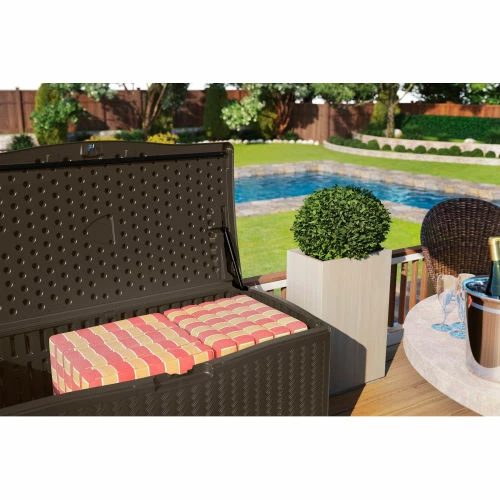 Suncast BMDB12000 Resin Wicker Outdoor Storage Deck Box 124 Gallon 52-3/4"L x 29"W x 26"H Java 4 Suncast BMDB12000 Resin Wicker Outdoor Storage Deck Box 124 Gallon 52-3/4"L x 29"W x 26"H Java - Image 4