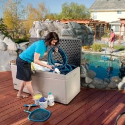 Lifetime 60012 Outdoor Deck Storage Bench Box 130 Gallon, Sand w/Brown Lid -Containers & Organizers Sales Store LII 60012 05