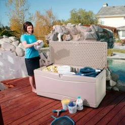 Lifetime 60040 Outdoor Deck Storage Bench Box 130 Gallon, Sand w/Black Bottom -Containers & Organizers Sales Store LII 60040 03