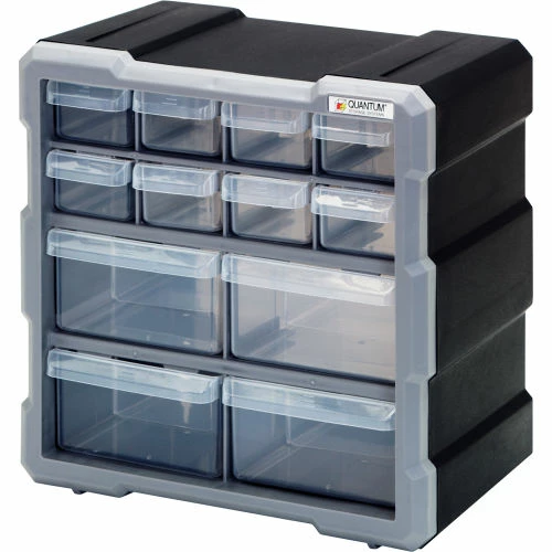 Quantum Storage Systems Quantum Plastic Drawer Cabinet PDC-12BK - 12 Drawers 6-1/4"W x 10-1/2"D x 10-1/4"H 1 Quantum Storage Systems Quantum Plastic Drawer Cabinet PDC-12BK - 12 Drawers 6-1/4"W x 10-1/2"D x 10-1/4"H