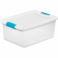 Sterilite 15 Quart 14948012 Clear Storage Latch Tote White Lid Blue Latches 16-1/4 x 11-1/4 x 6-3/4 - Pkg Qty 12