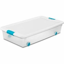 Sterilite 56 Quart 14988004 Wheeled Clear Storage Tote White Lid Blue Latches 33-7/8 x 18-3/4 x 7 - Pkg Qty 4