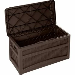 Suncast DBW7500 Outdoor Deck Box with Seat and Rollers 73 Gallon 46"L x 23-5/8"W x 25-1/2"H Mocha -Containers & Organizers Sales Store dbw7500 ws lidopen rgb
